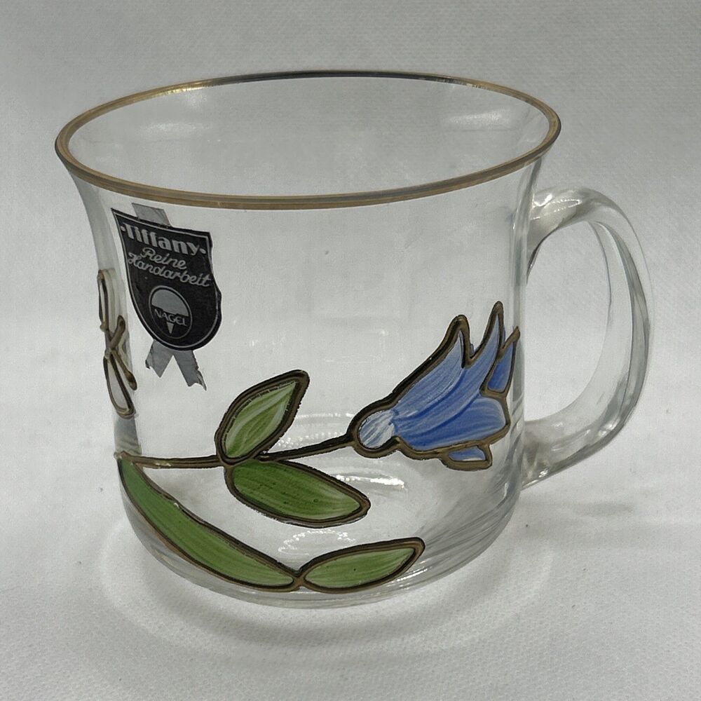 Tiffany Reine Handarbeit Painted Glass Flower Coffee Mug Nagel Floral Butterfly